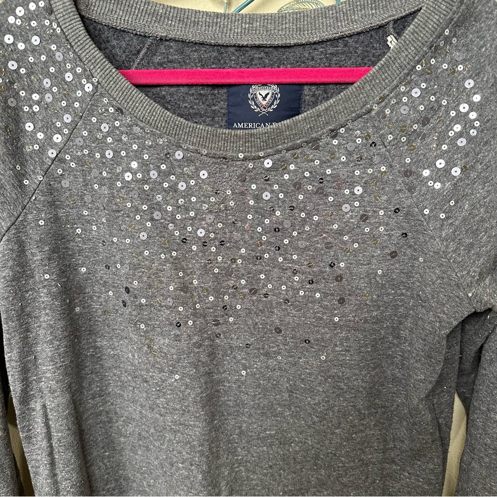 American Eagle Gray Pullover Sequined Sweatshirt … - image 2